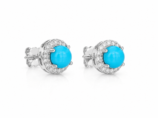Arete Stud Turqueza Redondo Chico con Moissanita en Plata